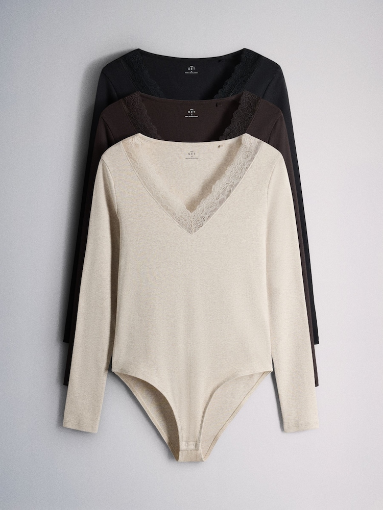 The Set 3 Pack V-Neck Ribbed Lace Bodysuits Black/Brown/Oat - Image 1 of 6 The Set 3 Pack V-Neck Ribbed Lace Bodysuits Black/Brown/Oat - Image 1 of 6