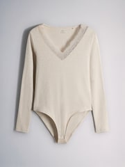 The Set 3 Pack V-Neck Ribbed Lace Bodysuits Black/Brown/Oat - Image 3 of 6