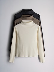 The Set 3 Pack Long Sleeve High Neck Ribbed T-Shirts Black/Ecru - Image 1 of 6