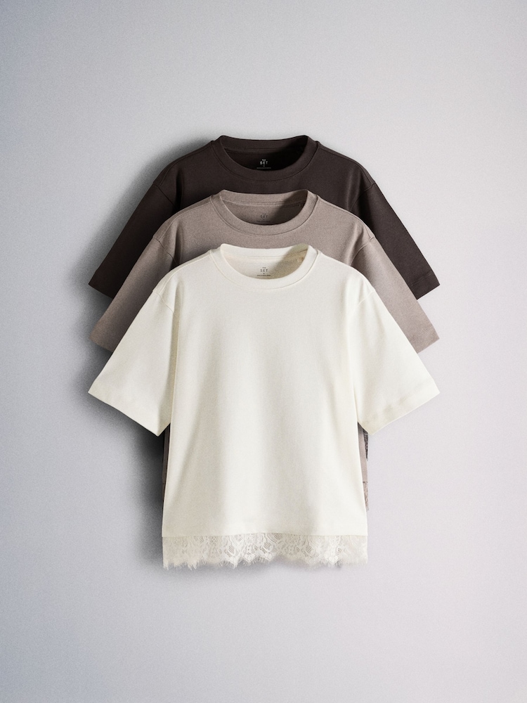 The Set 3 Pack Lace Trim Heavyweight T-Shirts Brown/Cream/Taupe - Image 2 of 8