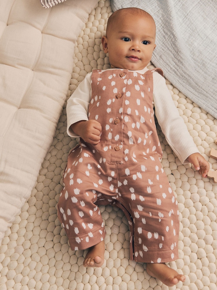 Tan Brown Spot Long Sleeve Bodysuit And Woven Dungarees Set 2 Piece (0mths-2yrs) - Image 1 of 5 Tan Brown Spot Long Sleeve Bodysuit And Woven Dungarees Set 2 Piece (0mths-2yrs) - Image 1 of 5