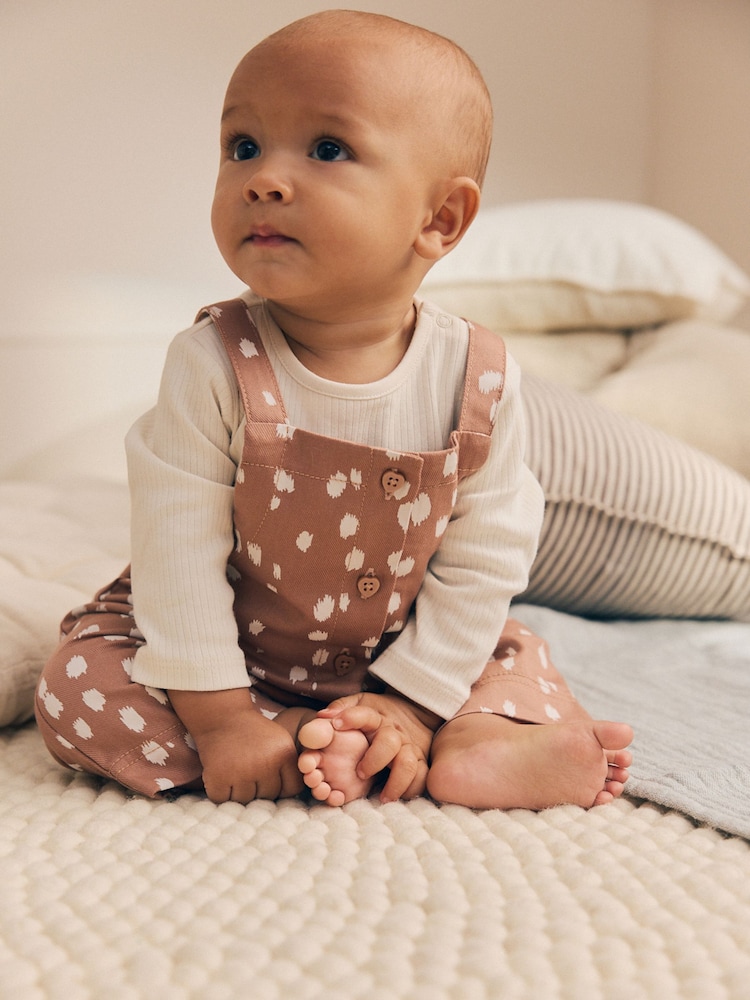 Tan Brown Spot Long Sleeve Bodysuit And Woven Dungarees Set 2 Piece (0mths-2yrs) - Image 2 of 5 Tan Brown Spot Long Sleeve Bodysuit And Woven Dungarees Set 2 Piece (0mths-2yrs) - Image 2 of 5