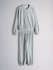 The Set Velour Henley Crew and Cuffed Jogger Co-Ord Set Light Grey - Image 1 of 5