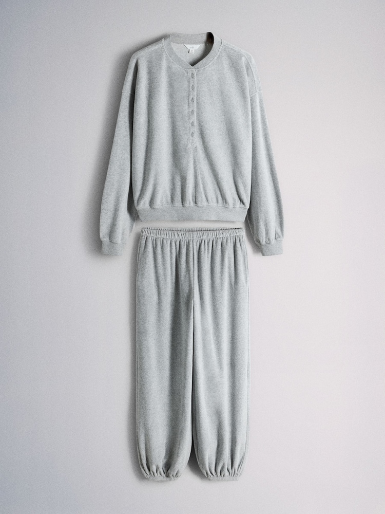 The Set Velour Henley Crew and Cuffed Jogger Co-Ord Set Light Grey - Image 1 of 5