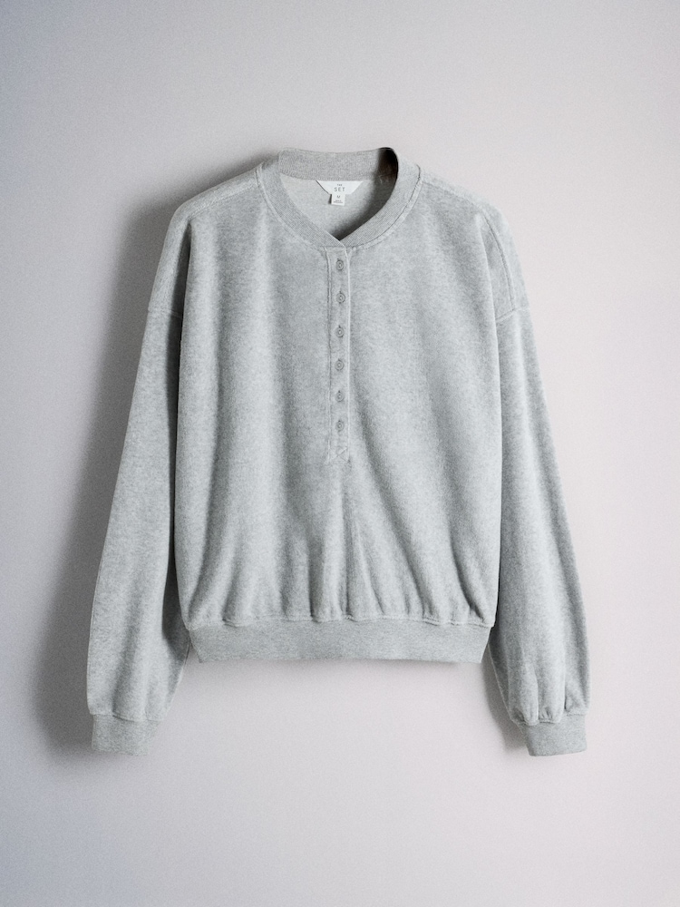 The Set Velour Henley Crew and Cuffed Jogger Co-Ord Set Light Grey - Image 2 of 5