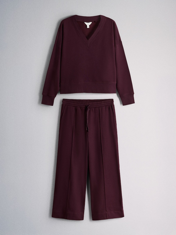The Set V-Neck Sweater and Pintuck Wide Leg Joggers Coord Burgundy Red - Image 1 of 5