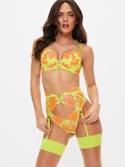 Ann Summers Green Paradise Glow Neon Floral Embroidery Waspie Suspenders - Image 1 of 5