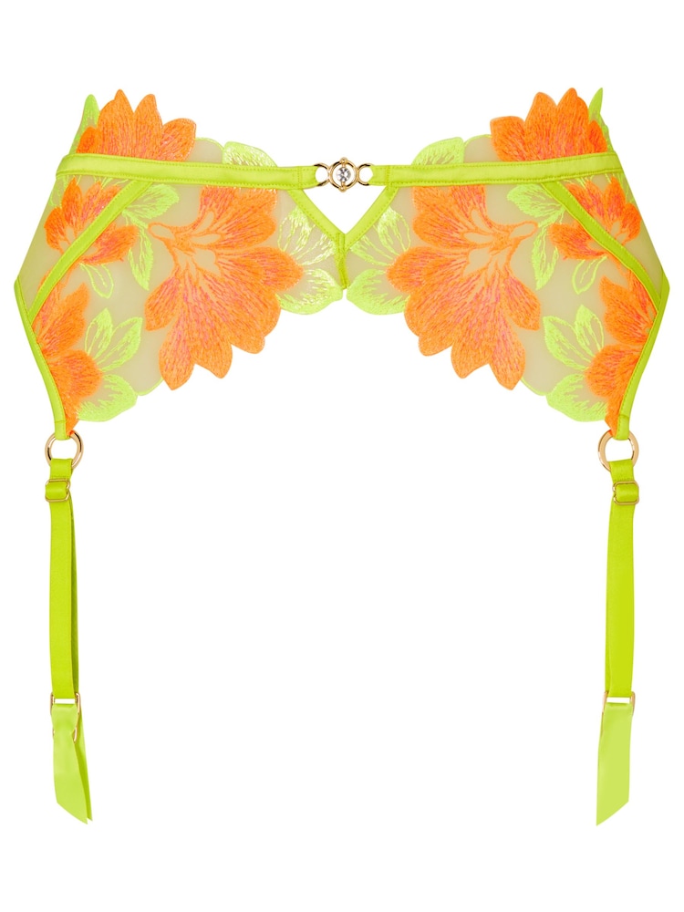 Ann Summers Green Paradise Glow Neon Floral Embroidery Waspie Suspenders - Image 5 of 5