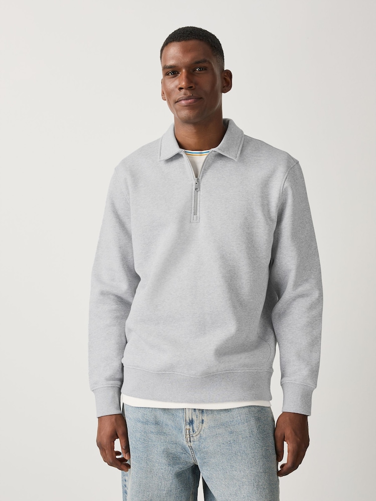 Grau meliert - Cotton Rich Jersey Zip Neck Polo Sweatshirt - Bild 1 von 8 Grau meliert - Cotton Rich Jersey Zip Neck Polo Sweatshirt - Bild 1 von 8