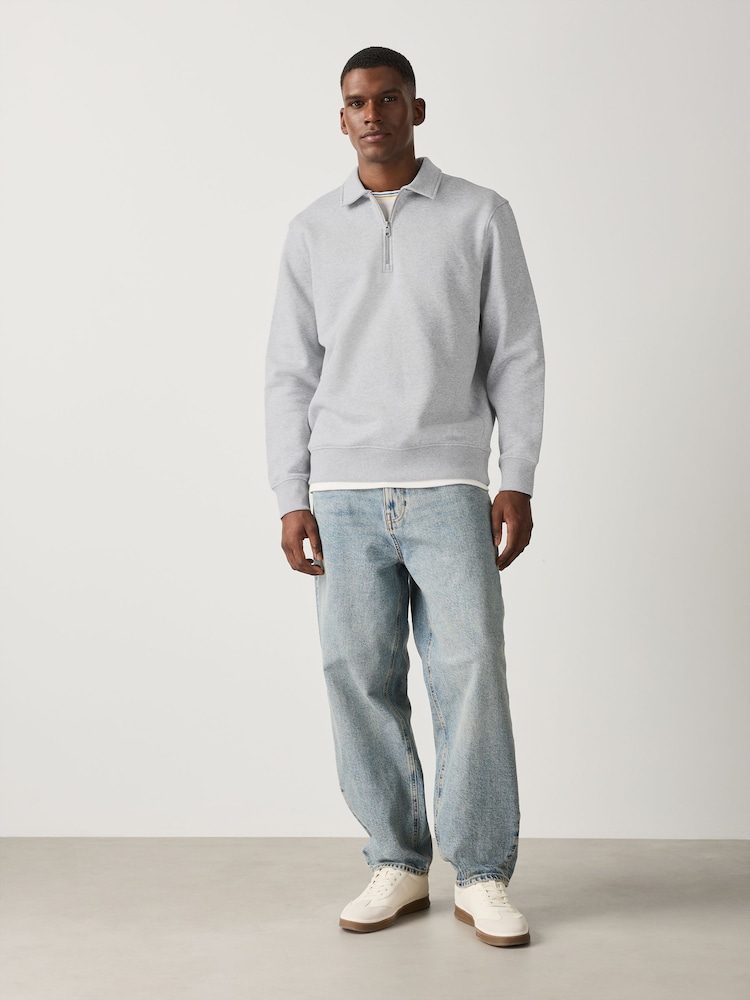 Grau meliert - Cotton Rich Jersey Zip Neck Polo Sweatshirt - Bild 2 von 8 Grau meliert - Cotton Rich Jersey Zip Neck Polo Sweatshirt - Bild 2 von 8