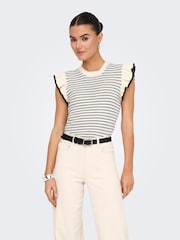 JDY White Striped Knitted Vest With Frilled Sleeve - Image 2 of 6