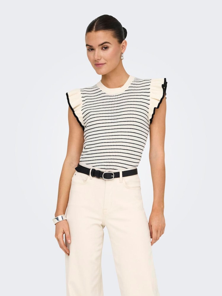JDY White Striped Knitted Vest With Frilled Sleeve - Image 2 of 6