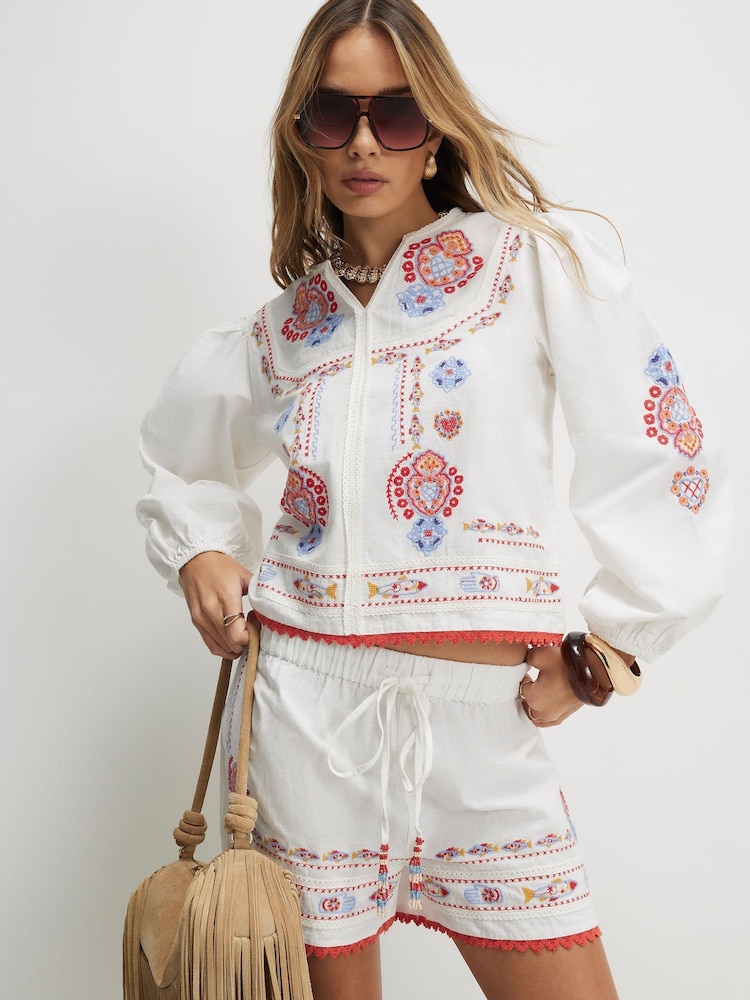 River Island White Embroidered Mexicana Scallop Hem Blouse - Image 1 of 4