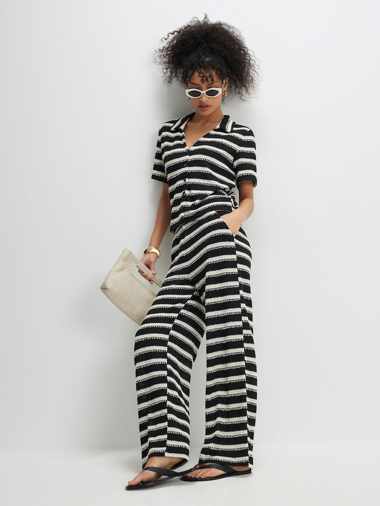 River Island Black Stripe Texture Wide Leg Trousers - Image 1 of 4