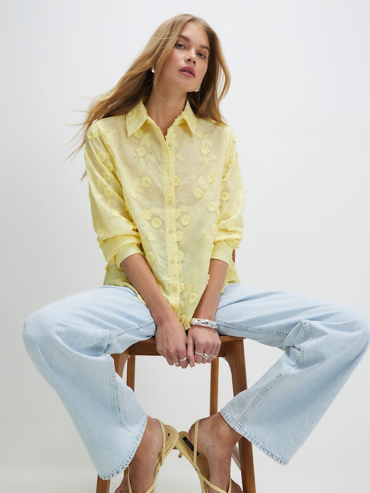 River Island Yellow Floral Embellished Shirt - Image 2 of 4 River Island Yellow Floral Embellished Shirt - Image 2 of 4