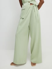 River Island Green Wrap Tie Detail Wide Leg Trousers - Image 1 of 4