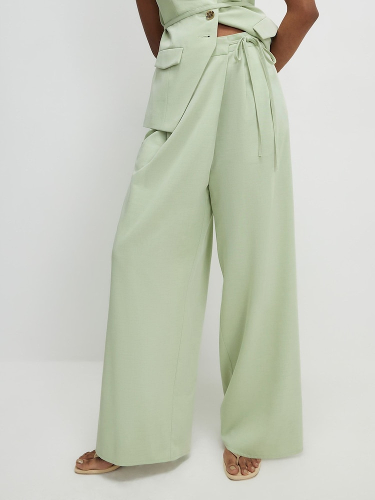 River Island Green Wrap Tie Detail Wide Leg Trousers - Image 1 of 4