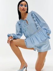 River Island Blue Lace Insert Frill Detail Blouse - Image 1 of 4