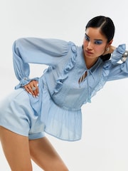 River Island Blue Lace Insert Frill Detail Blouse - Image 2 of 4