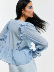 River Island Blue Lace Insert Frill Detail Blouse - Image 4 of 4