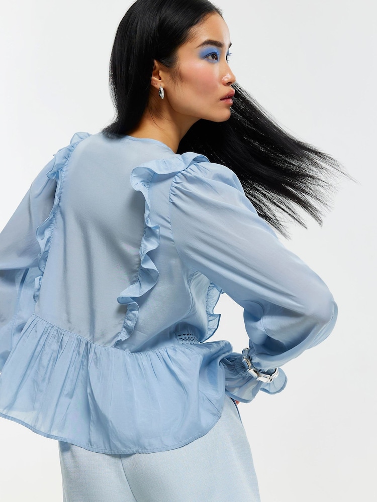 River Island Blue Lace Insert Frill Detail Blouse - Image 4 of 4 River Island Blue Lace Insert Frill Detail Blouse - Image 4 of 4