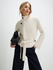 River Island Cream High Neck Tie Front Rib Cardigan - Image 1 of 4