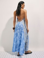 River Island La Mer Μακρύ φόρεμα με μπλε τύπωμα και φοίνικες - Εικόνα 3 από 4