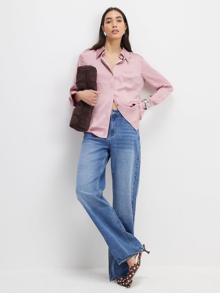 River Island Pink Long Sleeve Satin Shirt - Image 1 of 4