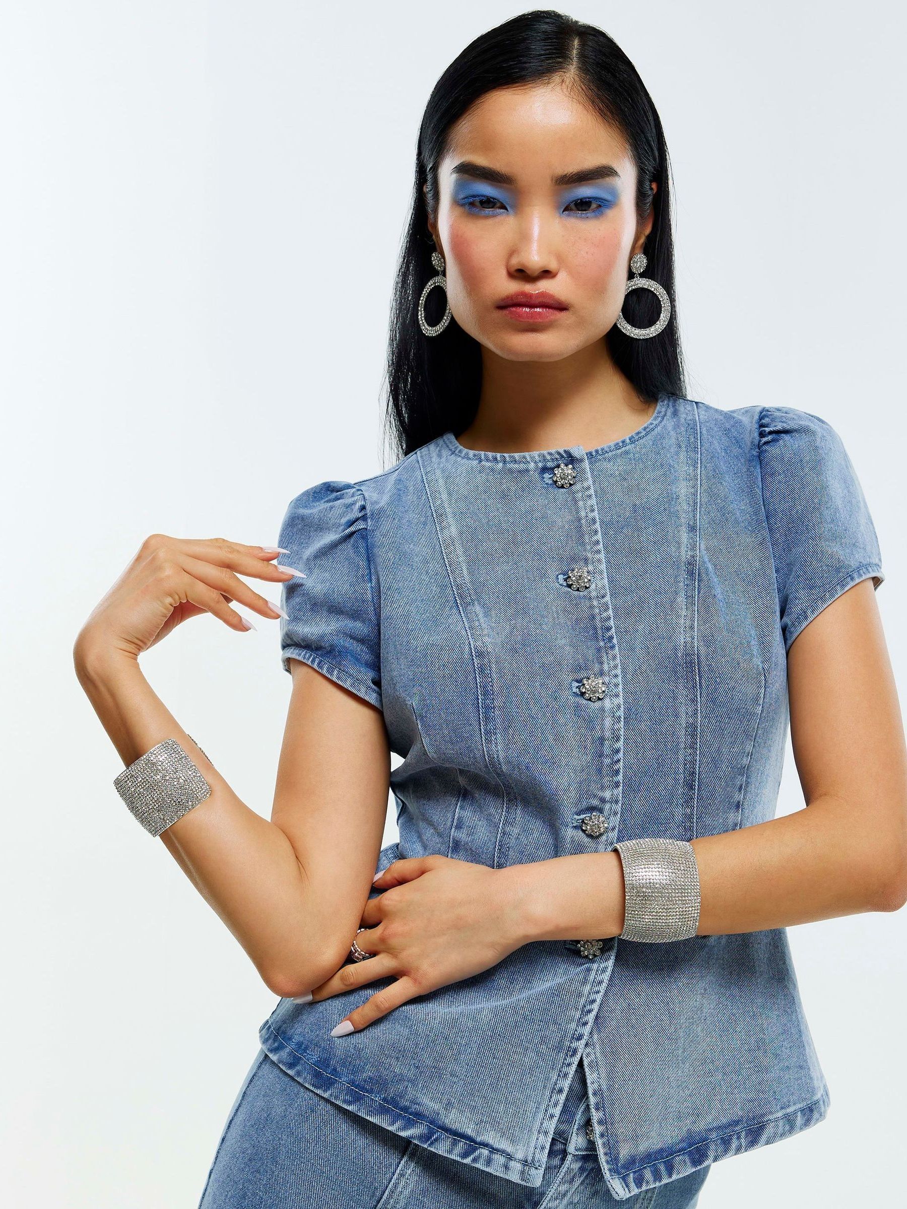 Buy River Island Blue Embellished Button Denim Peplum Top from