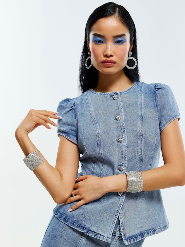 River Island Embellished Button Denim Peplum Top - Image 1 of 4 River Island Embellished Button Denim Peplum Top - Image 1 of 4