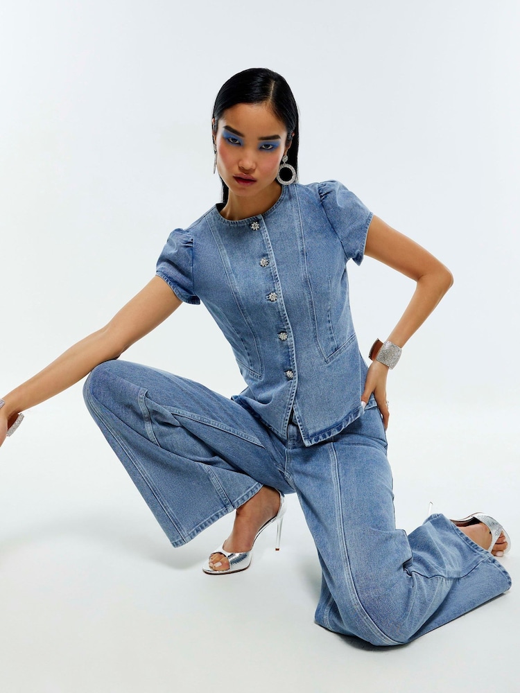 River Island Embellished Button Denim Peplum Top - Image 2 of 4 River Island Embellished Button Denim Peplum Top - Image 2 of 4