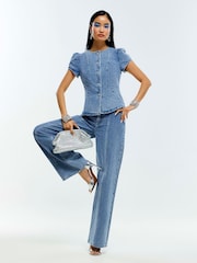 River Island Embellished Button Denim Peplum Top - Image 3 of 4