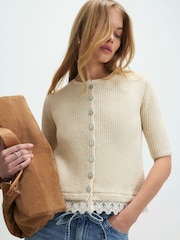 River Island Cream Short Sleeve Lace Hem Knitted Top - Image 1 of 4