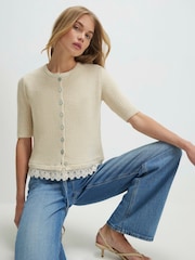 River Island Cream Short Sleeve Lace Hem Knitted Top - Image 2 of 4