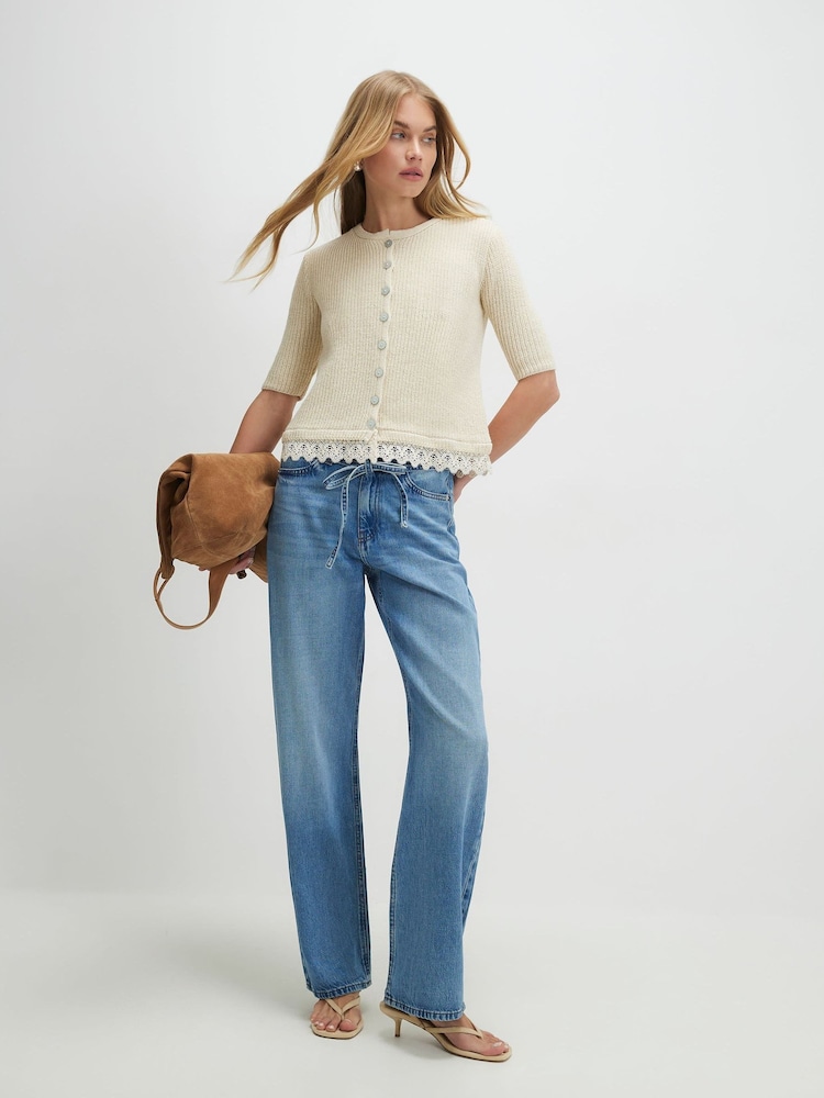 River Island Cream Short Sleeve Lace Hem Knitted Top - Image 4 of 4