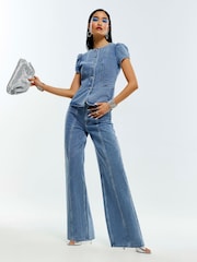 River Island High Rise Embellished Button Wide Leg Jeans - Image 1 of 4