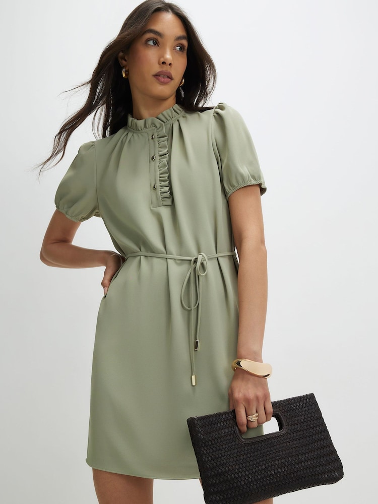 River Island Green Ruffle Collar Tie Waist Mini Dress - Image 1 of 4
