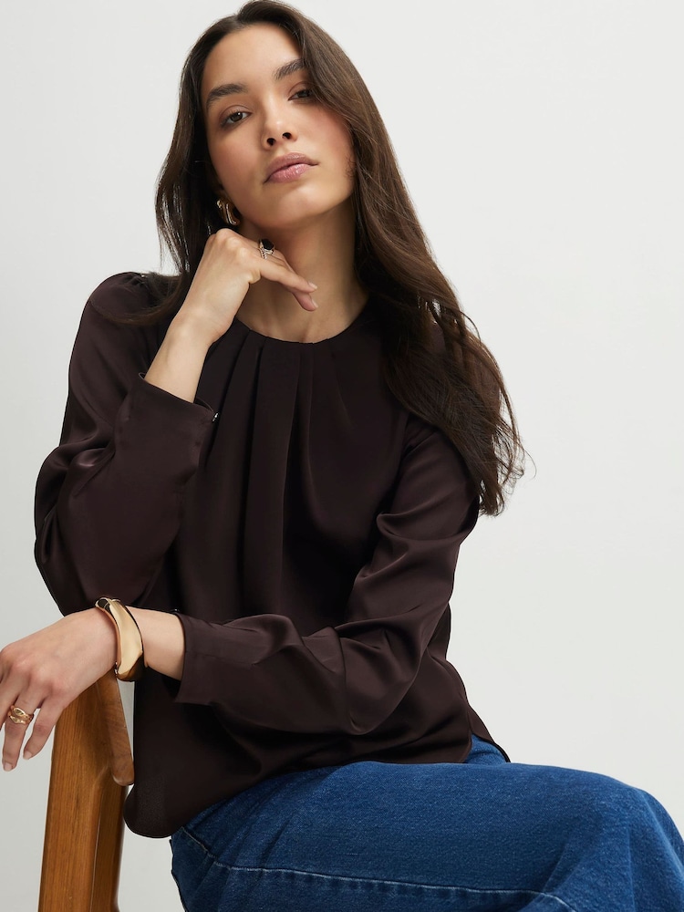 River Island Brown Satin Pleat Front Blouse - Image 1 of 4 River Island Brown Satin Pleat Front Blouse - Image 1 of 4