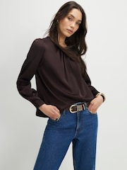 River Island Brown Satin Pleat Front Blouse - Image 2 of 4