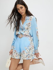 River Island Blue Border Print Floral Ruffle Blouse - Image 4 of 6