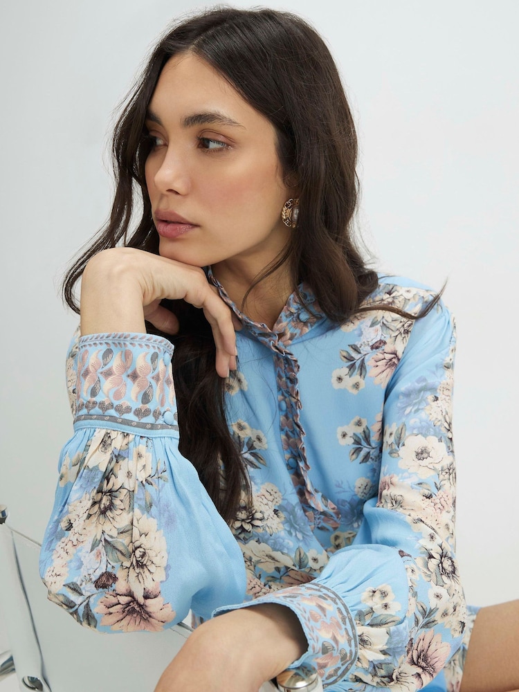 River Island Blue Border Print Floral Ruffle Blouse - Image 6 of 6