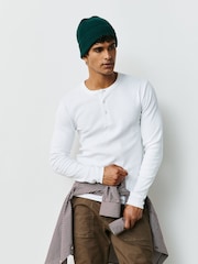 白色 - Slim Long Sleeve Ribbed Henley T-Shirt - 图片1 / 8