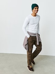 白色 - Slim Long Sleeve Ribbed Henley T-Shirt - 图片2 / 8
