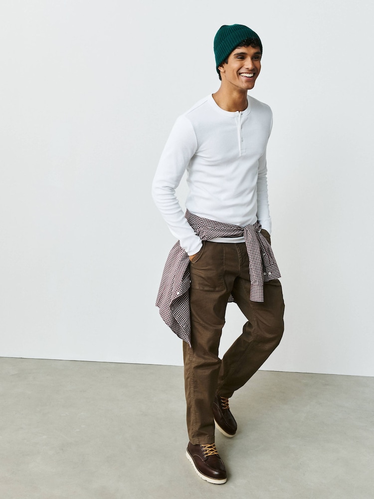 白色 - Slim Long Sleeve Ribbed Henley T-Shirt - 图片2 / 8