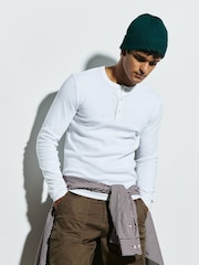 白色 - Slim Long Sleeve Ribbed Henley T-Shirt - 图片3 / 8
