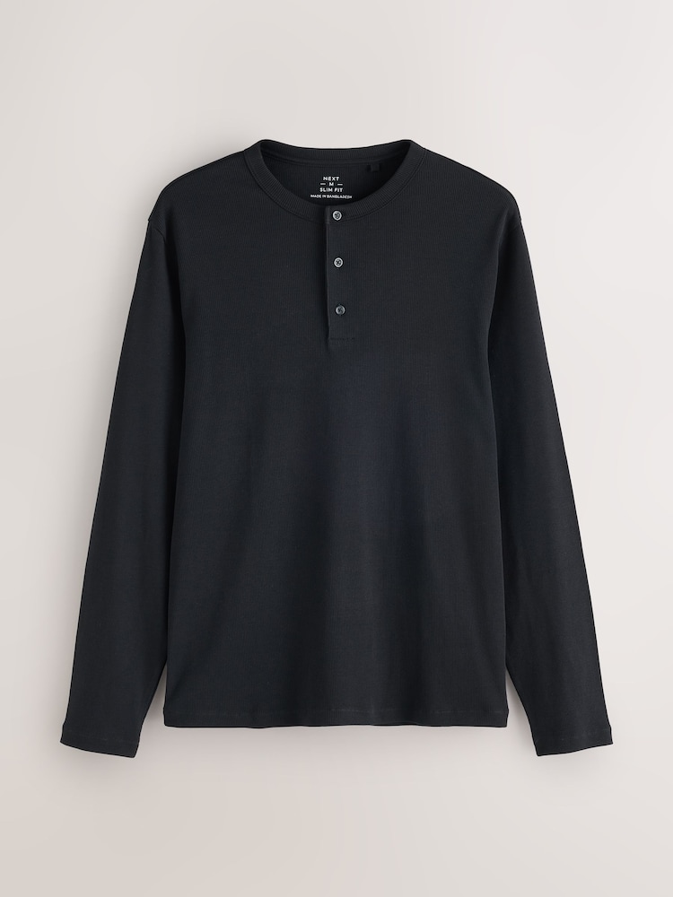 Black Slim Long Sleeve Ribbed Henley T-Shirt - Image 1 of 3