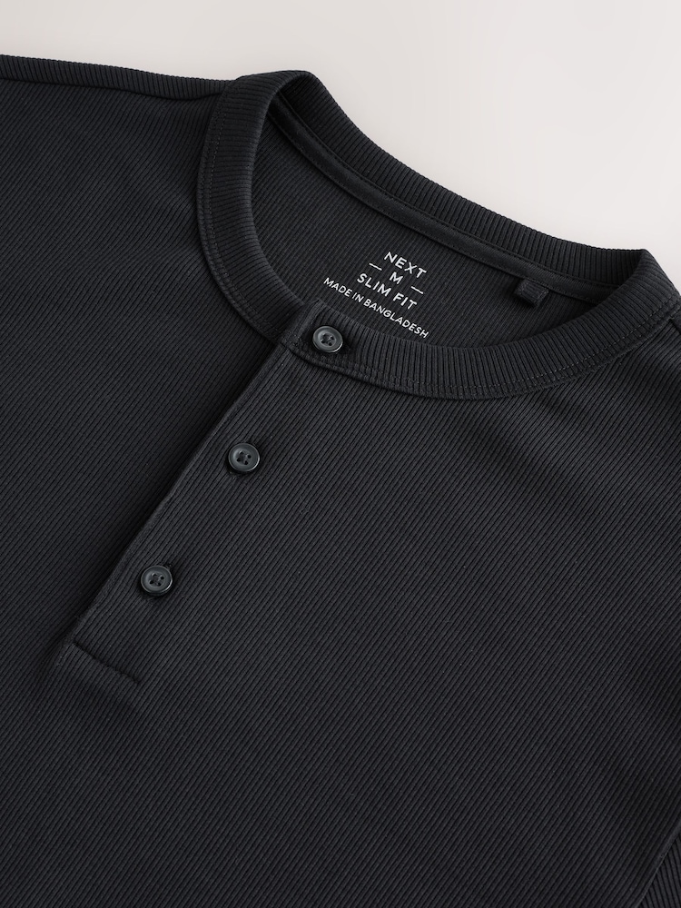 Black Slim Long Sleeve Ribbed Henley T-Shirt - Image 2 of 3