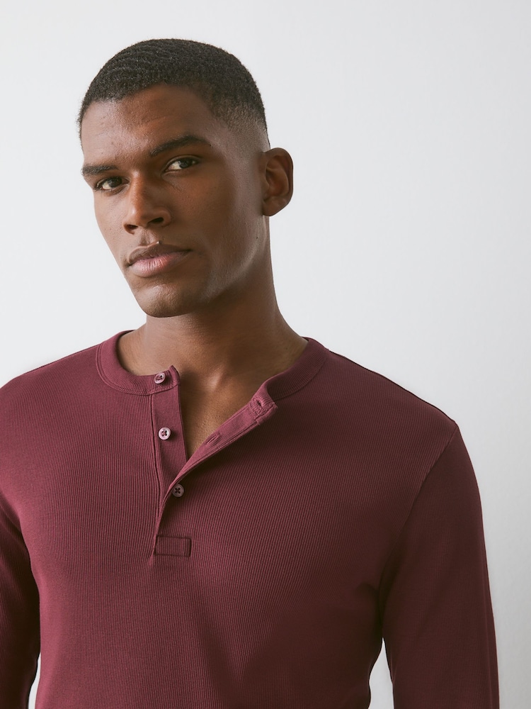 Burgundy Red Slim Long Sleeve Ribbed Henley T-Shirt - Image 1 of 8