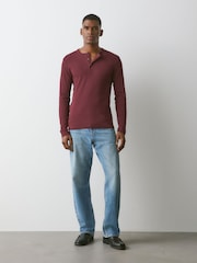 Burgundy Red Slim Long Sleeve Ribbed Henley T-Shirt - Image 2 of 8