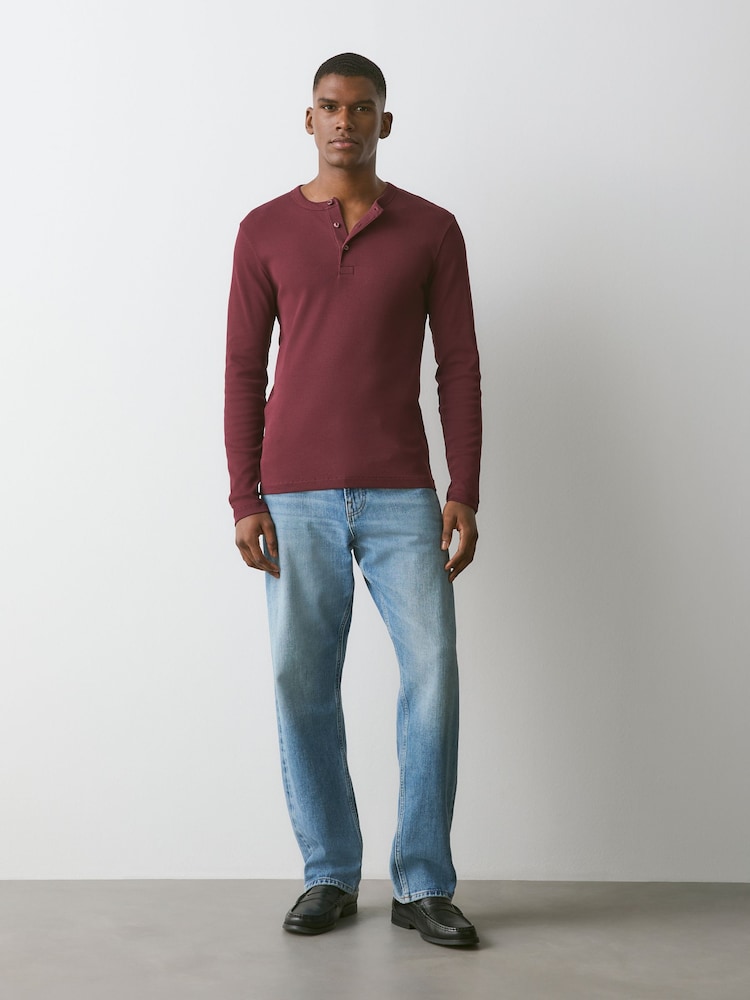 Burgundy Red Slim Long Sleeve Ribbed Henley T-Shirt - Image 2 of 8